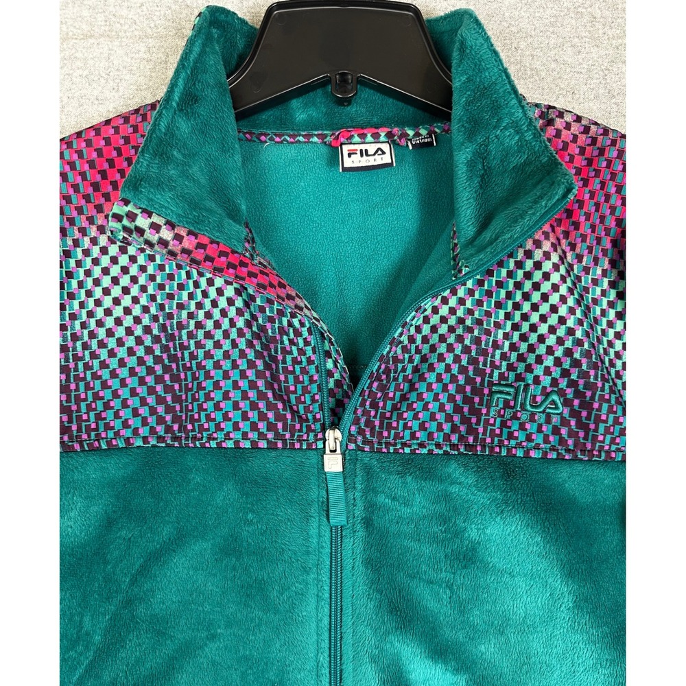 Fila Sport Fleece Jacket Womens XL Teal Full Zip Geometric Pattern